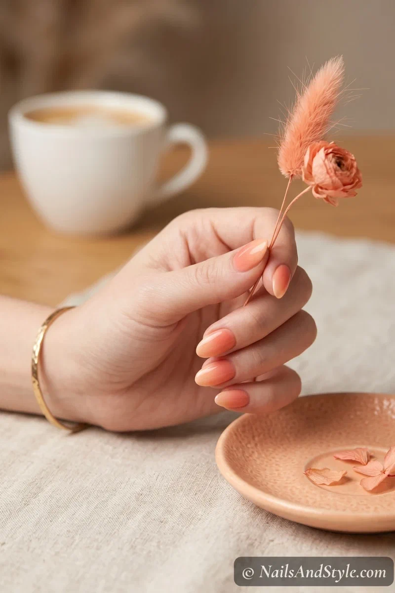 Coral to peach subtle ombre on short almond nails with glossy finish