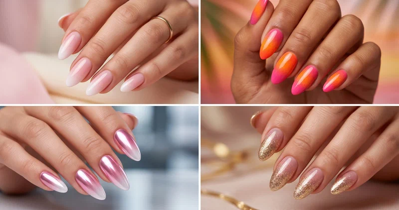 Collage of four ombre nail designs including classic pink fade, sunset blend, chrome ombre, and glitter gradient on almond nails