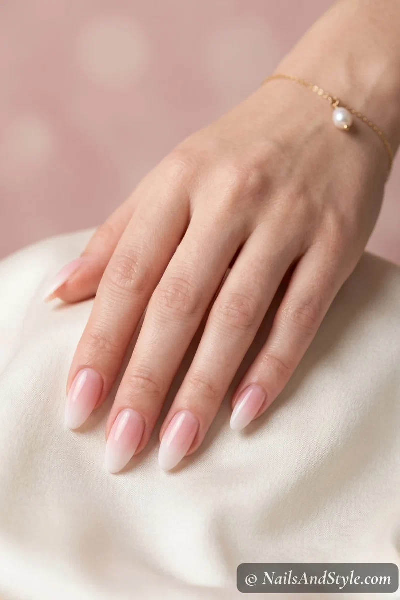 French ombre baby boomer nails with sheer pink to white gradient