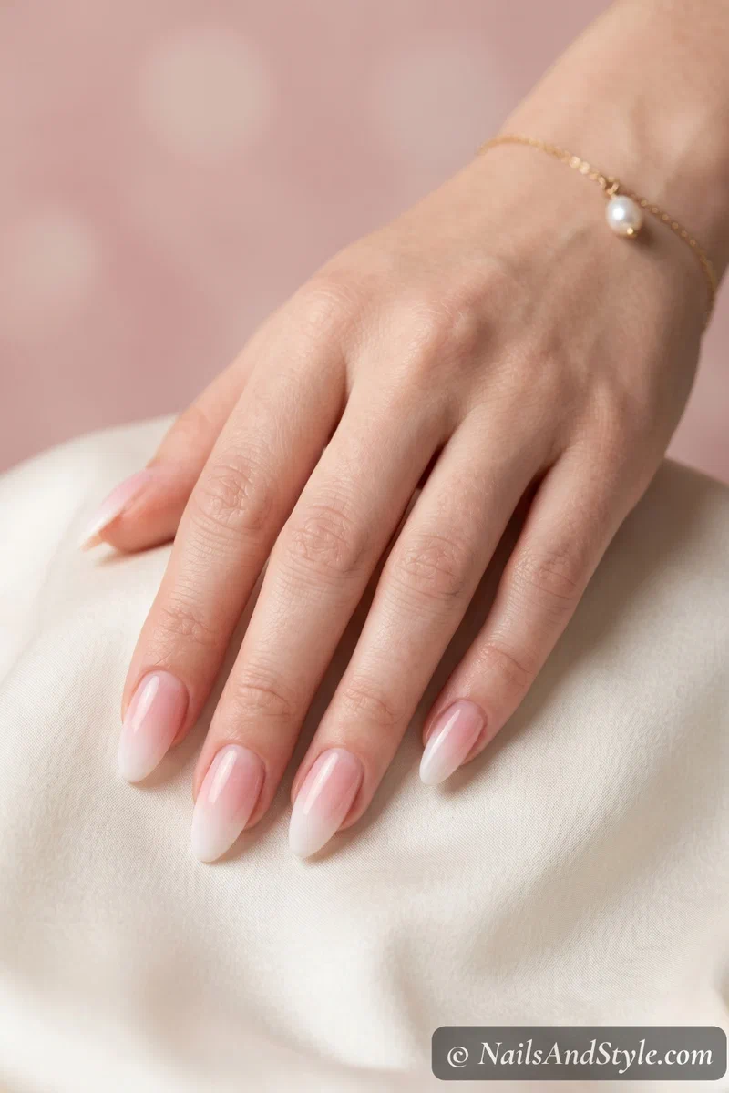 French ombre baby boomer nails with sheer pink to white gradient