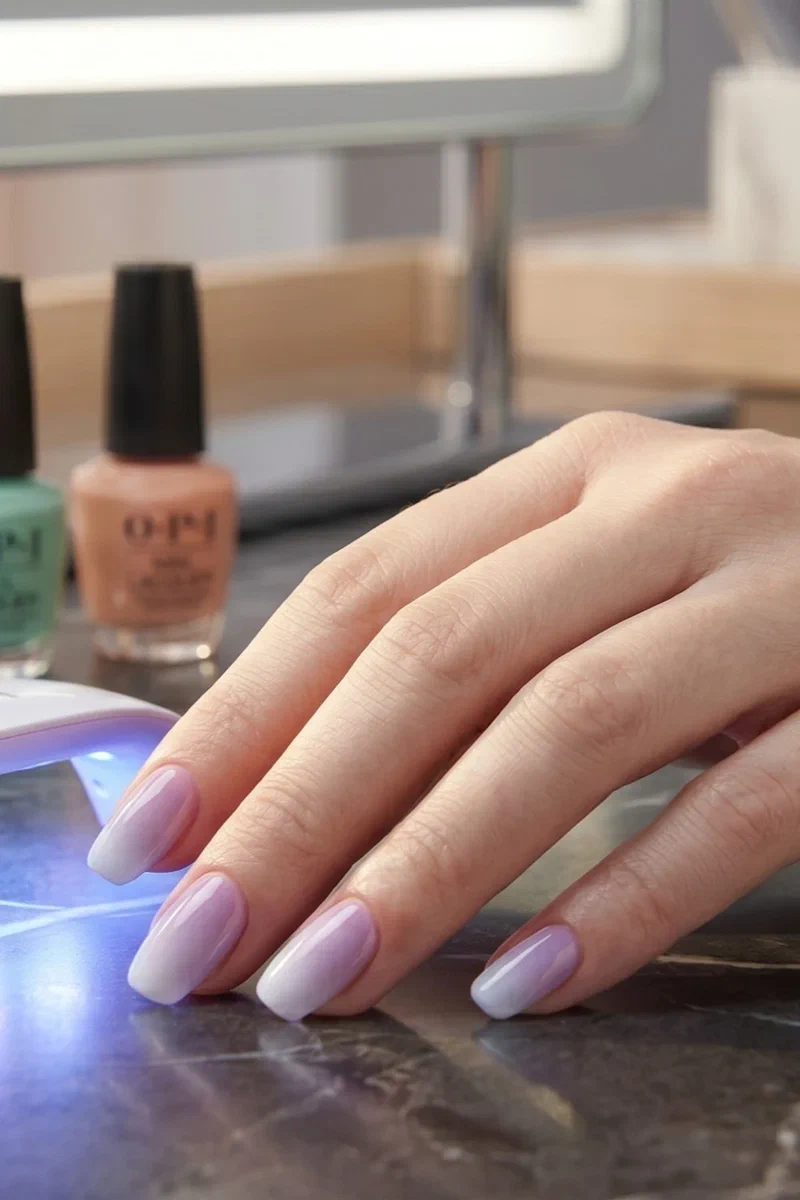 Lavender to white gel ombre on squoval nails with LED lamp glowing in background on dark marble countertop