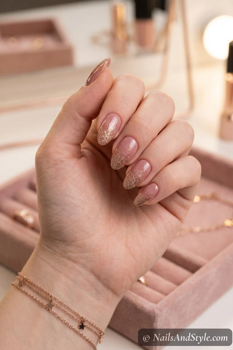 Dusty rose nails with gold glitter ombre fading from tips on medium nails