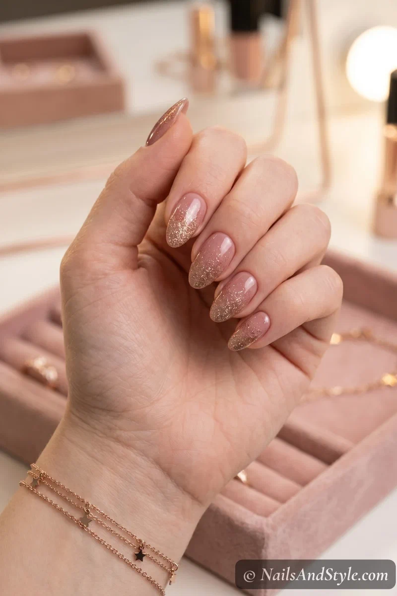 Dusty rose nails with gold glitter ombre fading from tips on medium nails