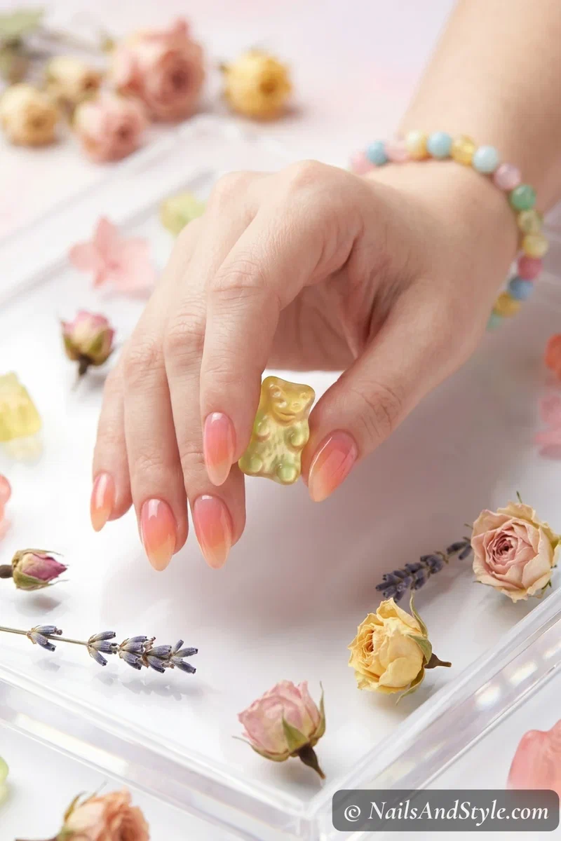 Translucent jelly peach to pink ombre nails with glossy finish