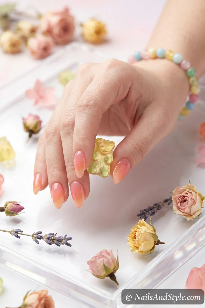 Translucent jelly peach to pink ombre nails with glossy finish