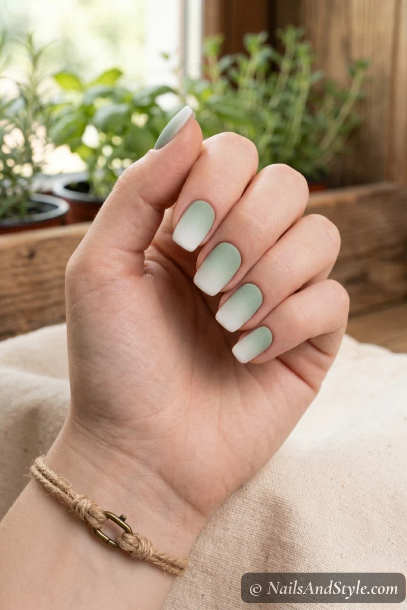 Sage green to white matte ombre on short square nails