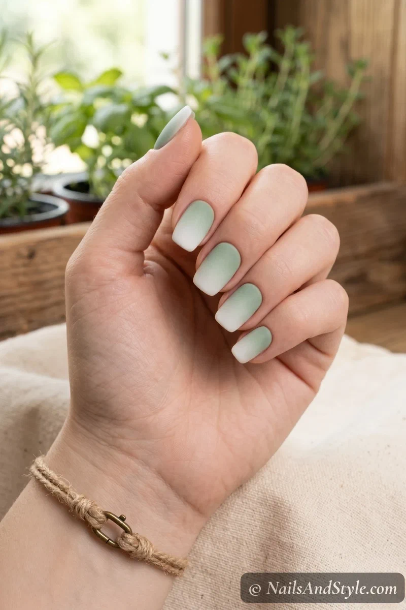 Sage green to white matte ombre on short square nails