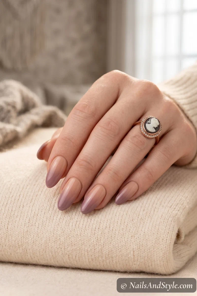 Nude to dusty mauve gradient ombre on medium oval nails