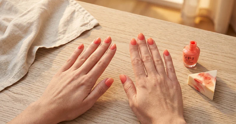 Overhead view of coral to peach ombre on short round nails with polish bottle and makeup sponge on oak table