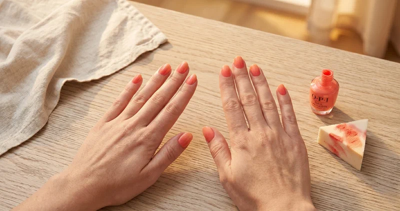 Overhead view of coral to peach ombre on short round nails with polish bottle and makeup sponge on oak table