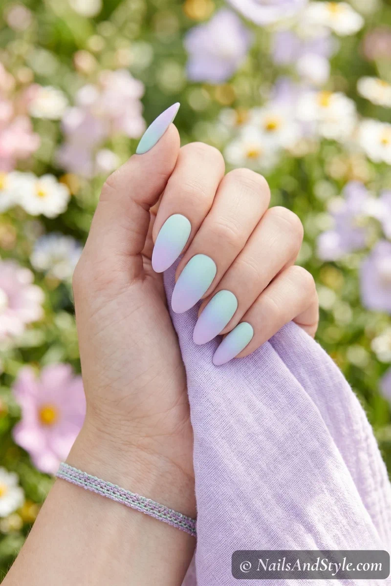 Pastel mint to lilac gradient ombre with matte finish on almond nails