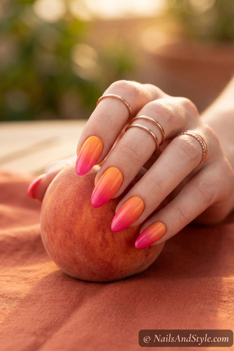 Sunset ombre nails blending orange to hot pink on almond nails with glossy finish