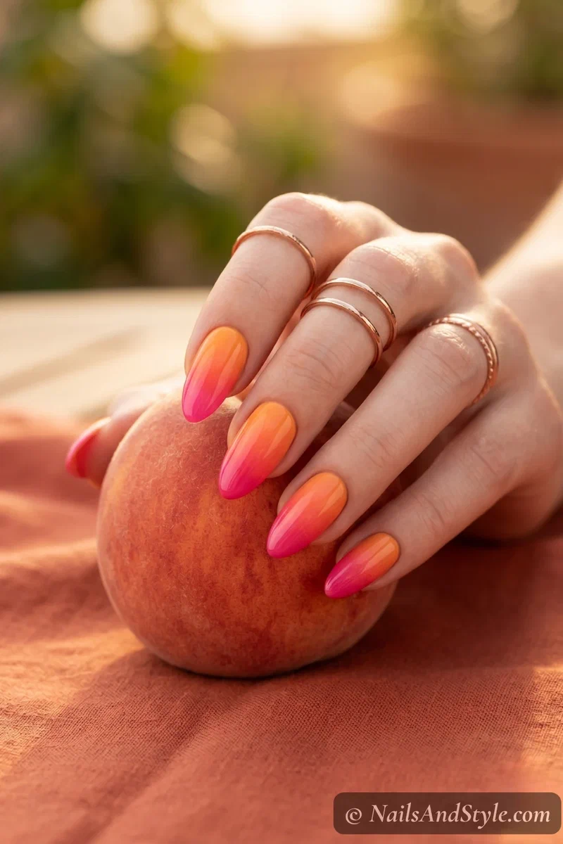 Sunset ombre nails blending orange to hot pink on almond nails with glossy finish