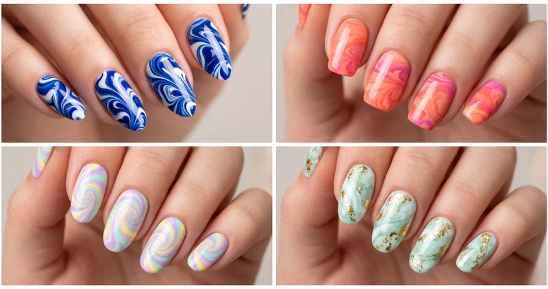 Collage of four water marble nail designs including blue and white classic marble, sunset gradient marble, pastel rainbow swirl, and mint with gold accents