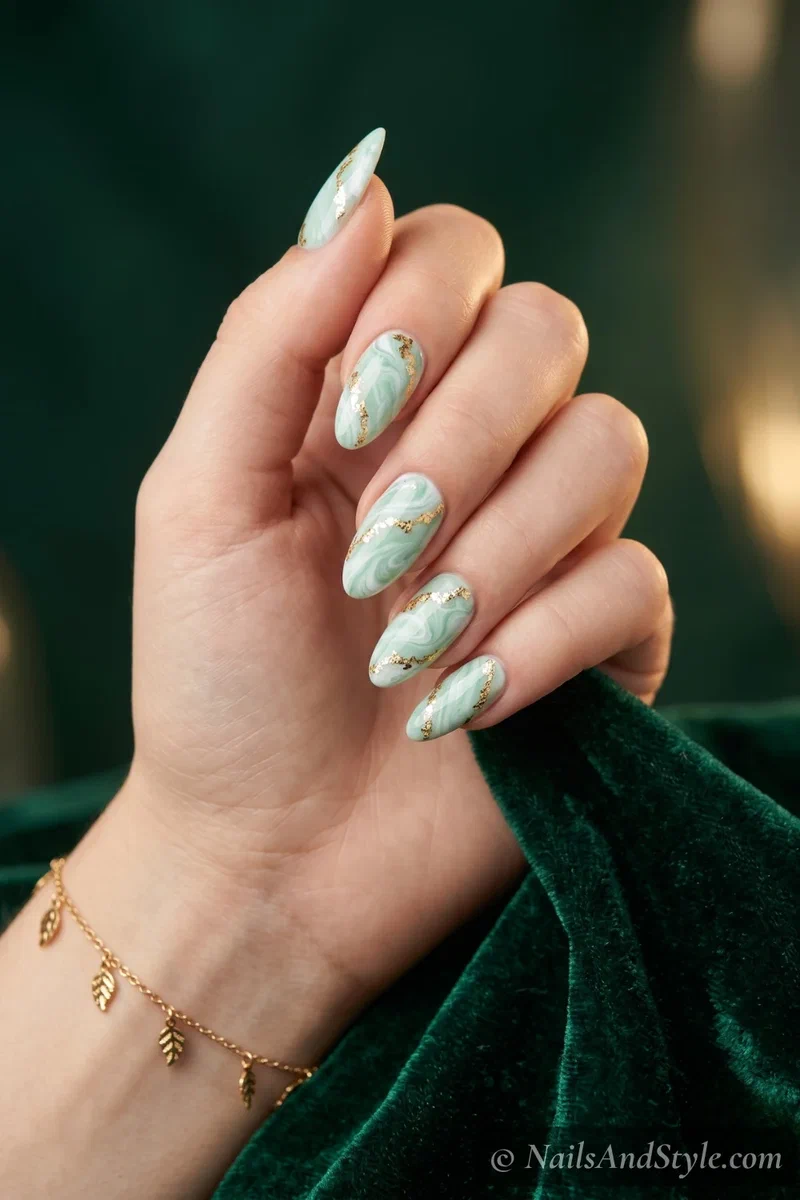 Mint green and white water marble nails with gold foil accents on almond shape