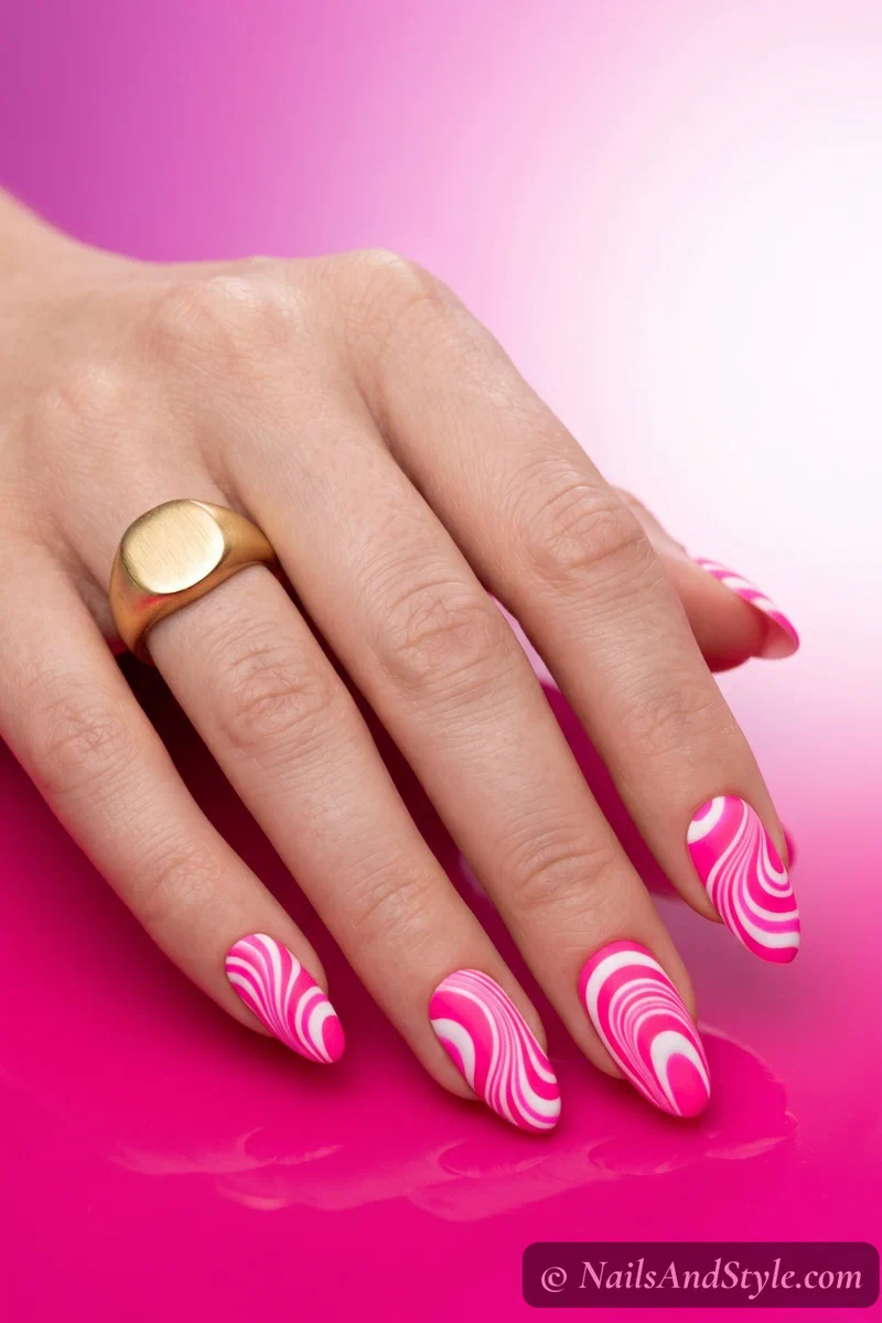 Neon pink and white water marble nails with bold graphic swirl lines and matte finish