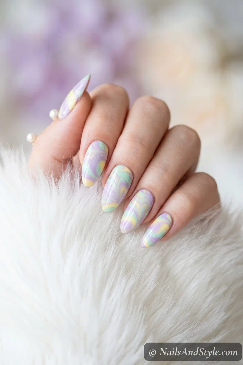 Pastel water marble nails in lilac mint and butter yellow soft swirl pattern