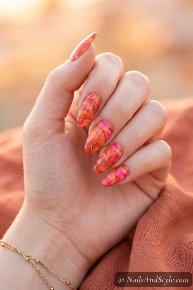 Water marble nails in coral orange and hot pink sunset gradient swirl pattern