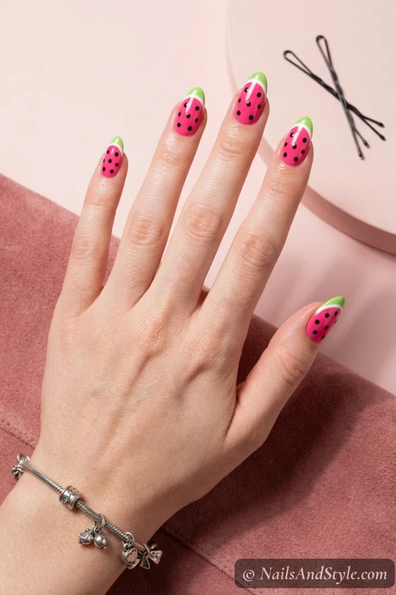 Bobby pin dotted watermelon nails with perfect round black seeds on pink base and green tip on medium almond nails