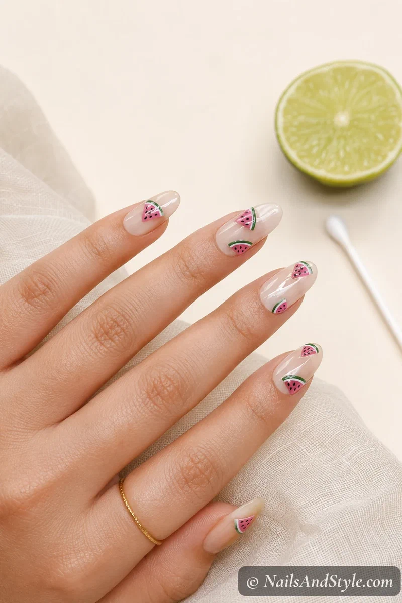 Negative space watermelon nails with floating small slices on bare nails created using cotton swab and remover on medium almond nails