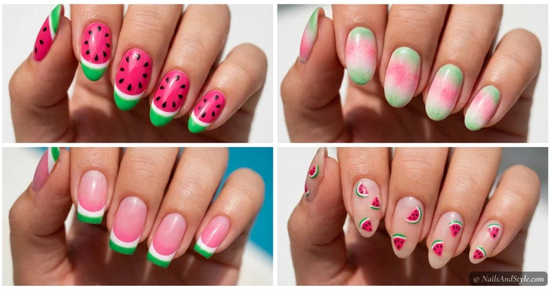 Collage of watermelon nail designs made without nail art tools using toothpicks tape bobby pins and sponges
