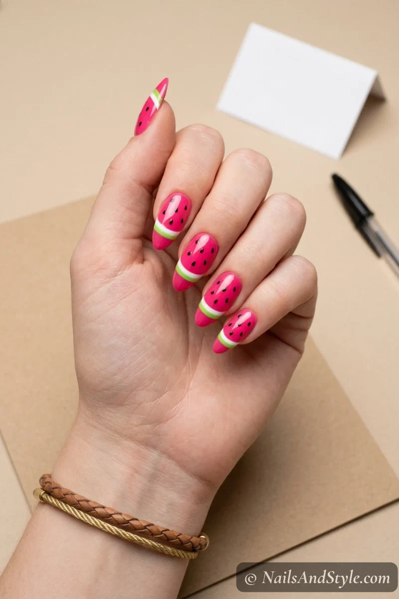 Folded paper stripe watermelon nails with crisp white and green divider lines on hot pink base on medium almond nails