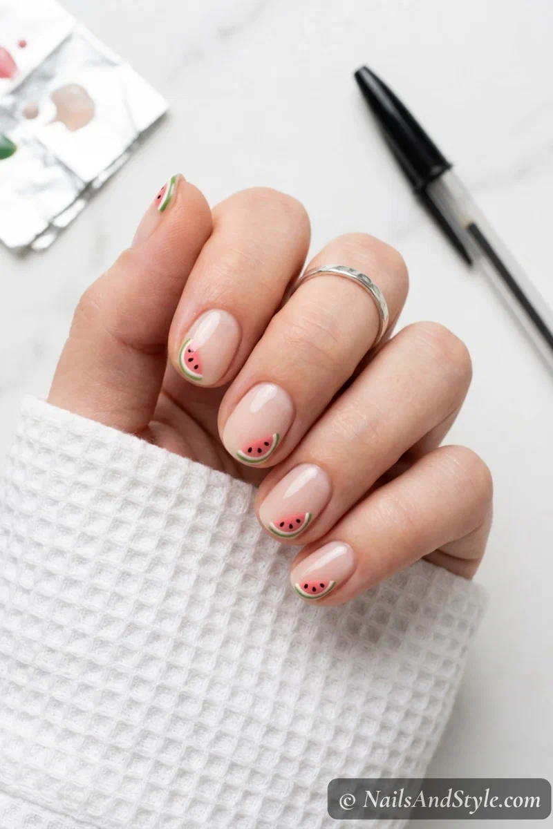 Pen tip mini watermelon slice nails with tiny corner watermelon design on sheer base on short oval nails