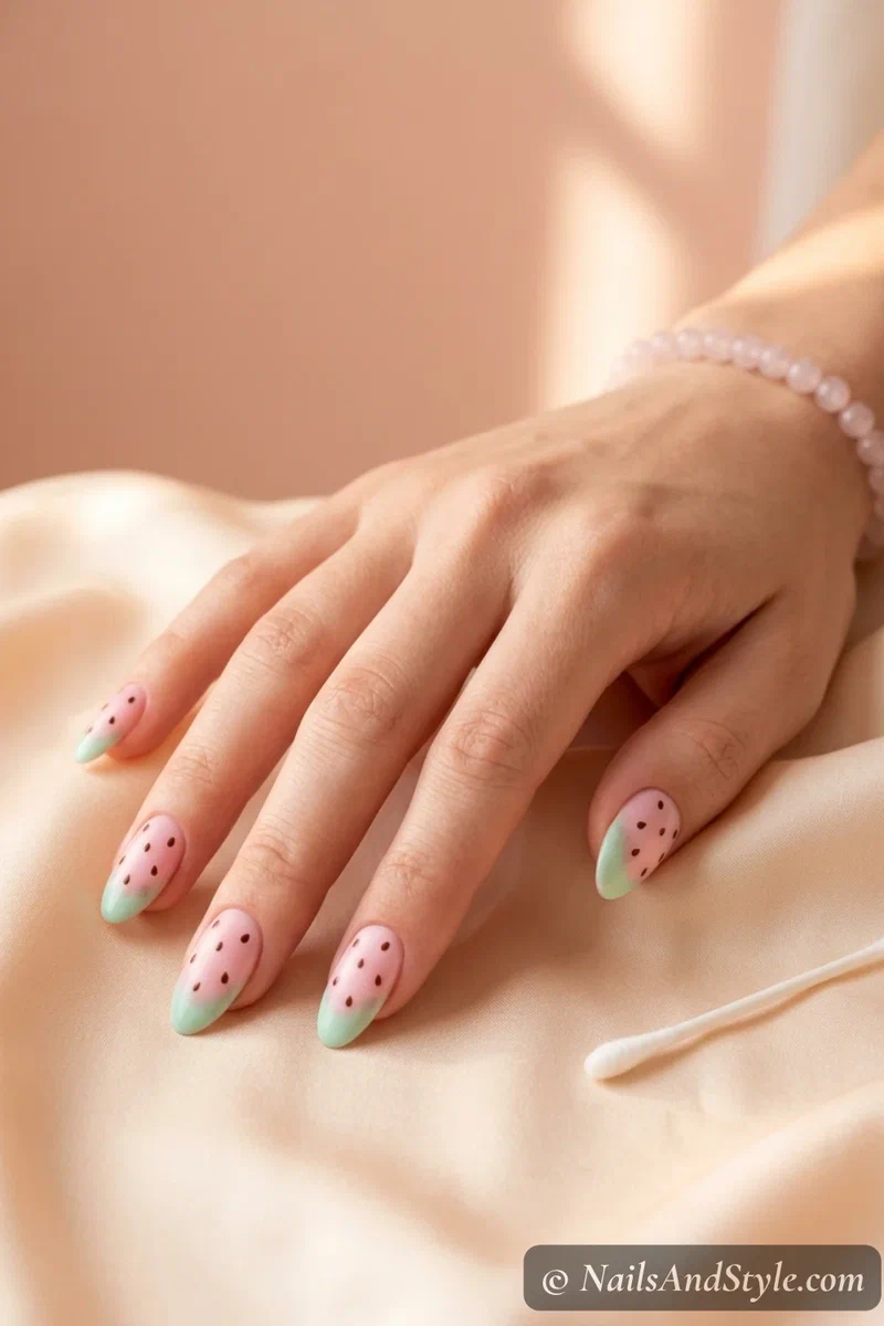 Pastel watermelon nails with cotton swab softened edges and baby pink and mint green colors on medium almond nails