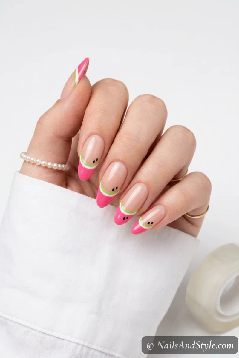 Scotch tape watermelon french tip nails with crisp pink white and green tip lines on medium nails