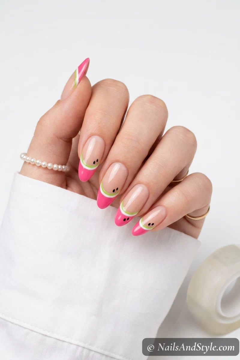 Scotch tape watermelon french tip nails with crisp pink white and green tip lines on medium nails