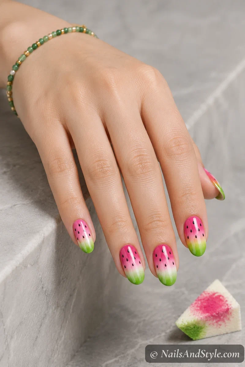 Sponge ombre watermelon nails with blended pink white and green gradient and tiny black seeds on medium oval nails