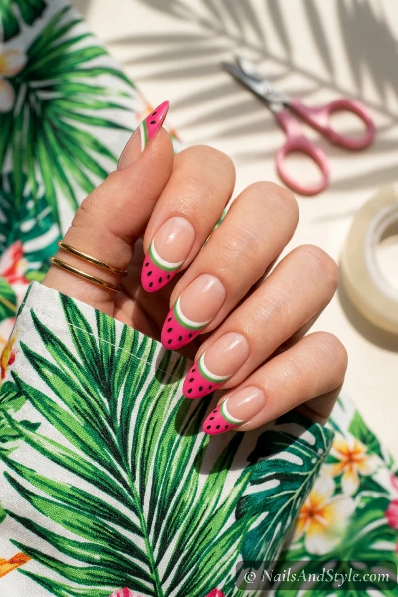 Tape stencil half moon watermelon nails with curved pink white and green tip on sheer nude base on medium nails