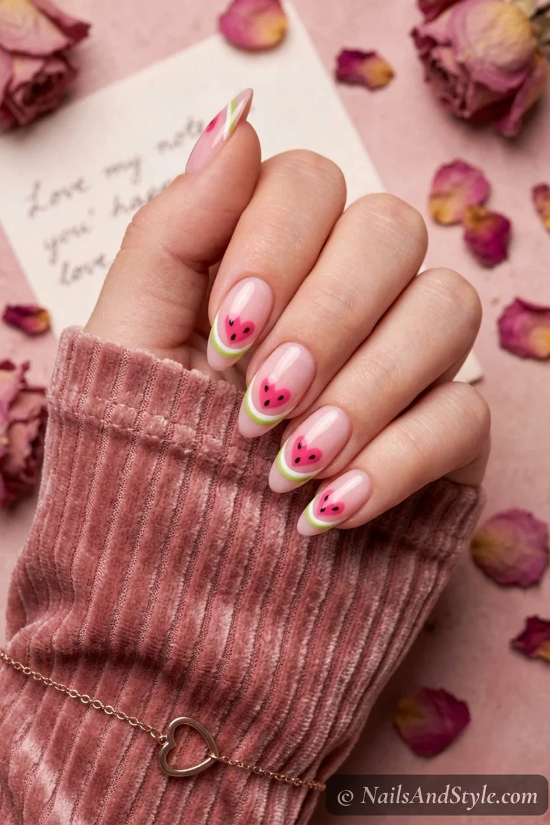 Toothpick heart watermelon nails with small pink heart tips white and green outline and black seed on medium almond nails