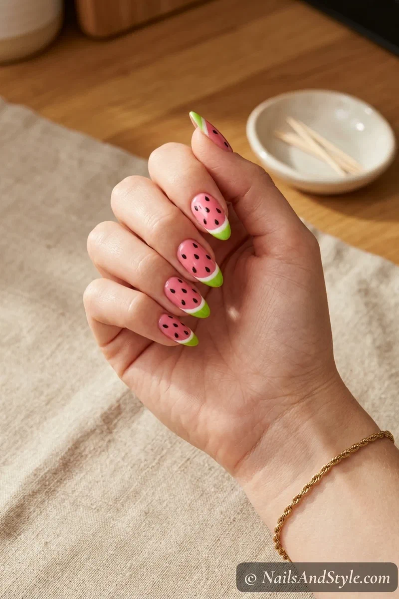 Classic watermelon nails with hot pink base bright green tip and toothpick dotted seeds on medium almond nails
