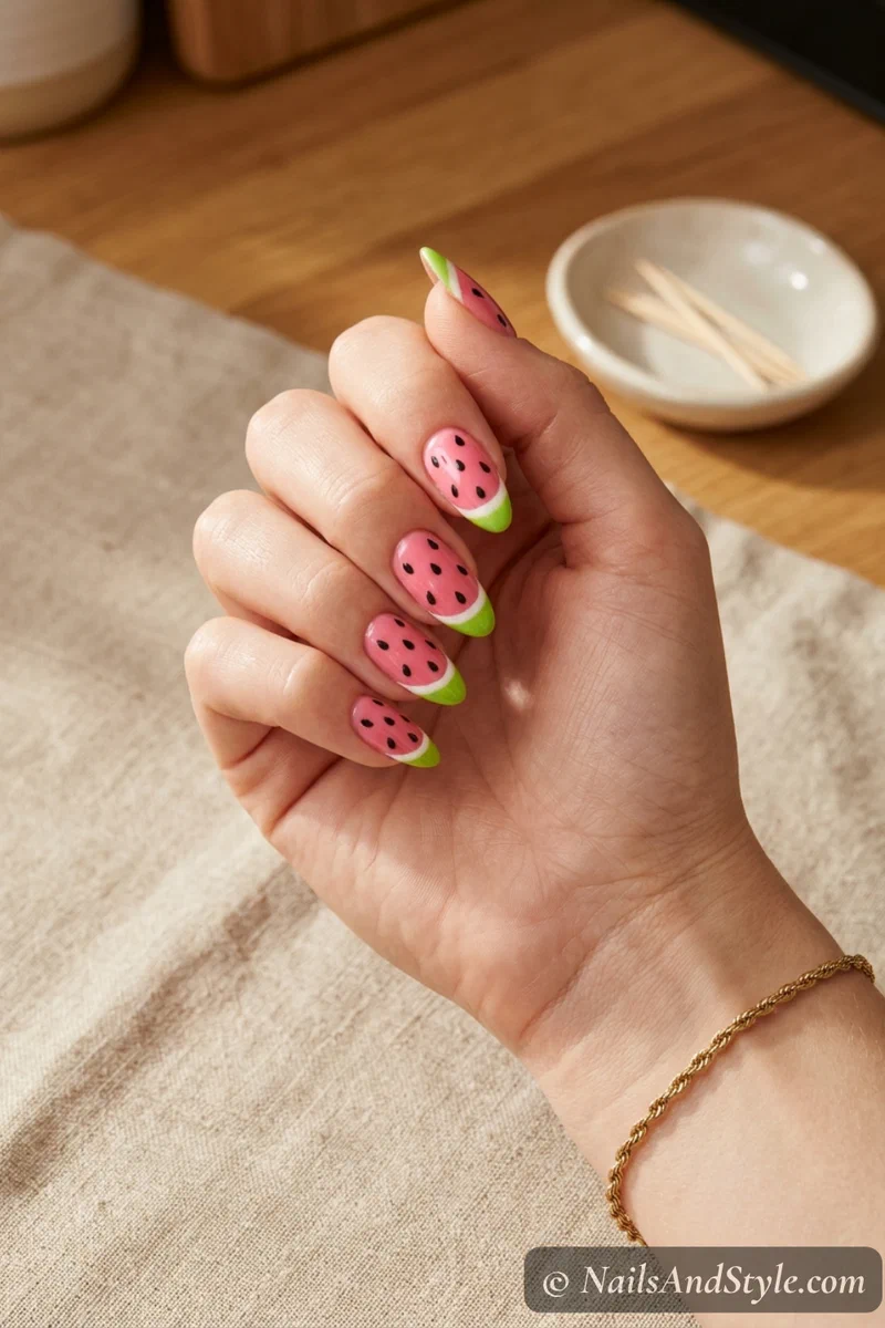Classic watermelon nails with hot pink base bright green tip and toothpick dotted seeds on medium almond nails