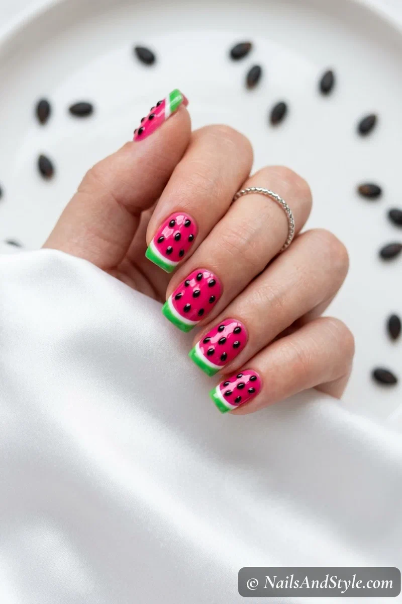3D watermelon nails with raised black gel seed beads on pink and green design on short square nails