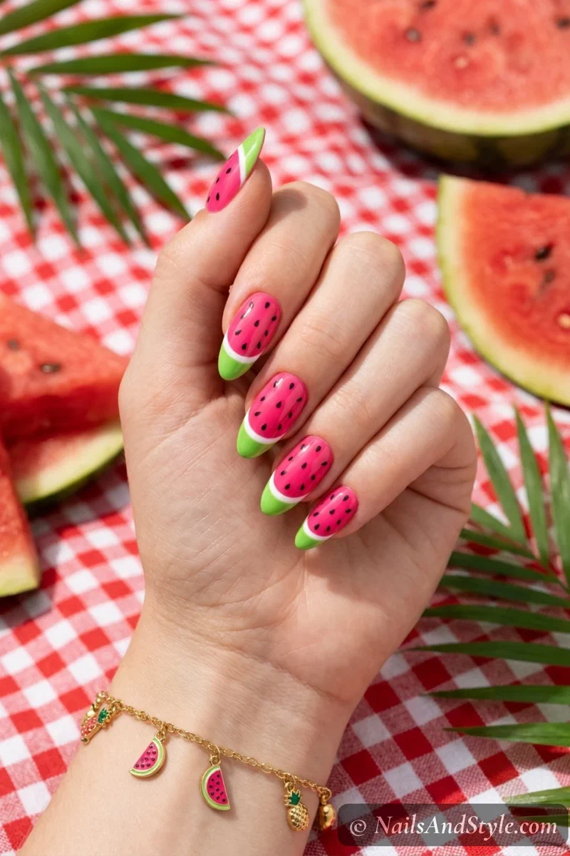 Classic watermelon slice nails with hot pink base bright green tip and black seeds on medium almond nails