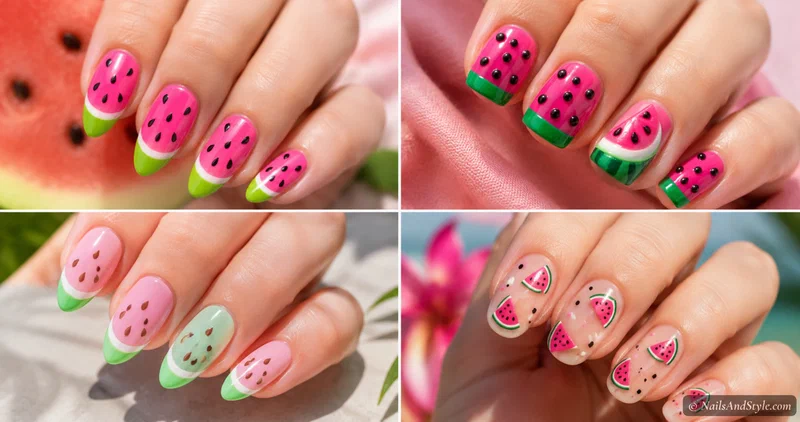 Collage of watermelon nail designs including classic slice, ombre, 3D seeds, and pastel versions
