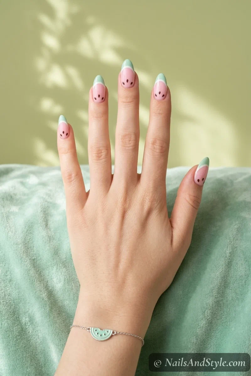 Pastel watermelon nails with baby pink base mint green tip and brown seeds on medium almond nails