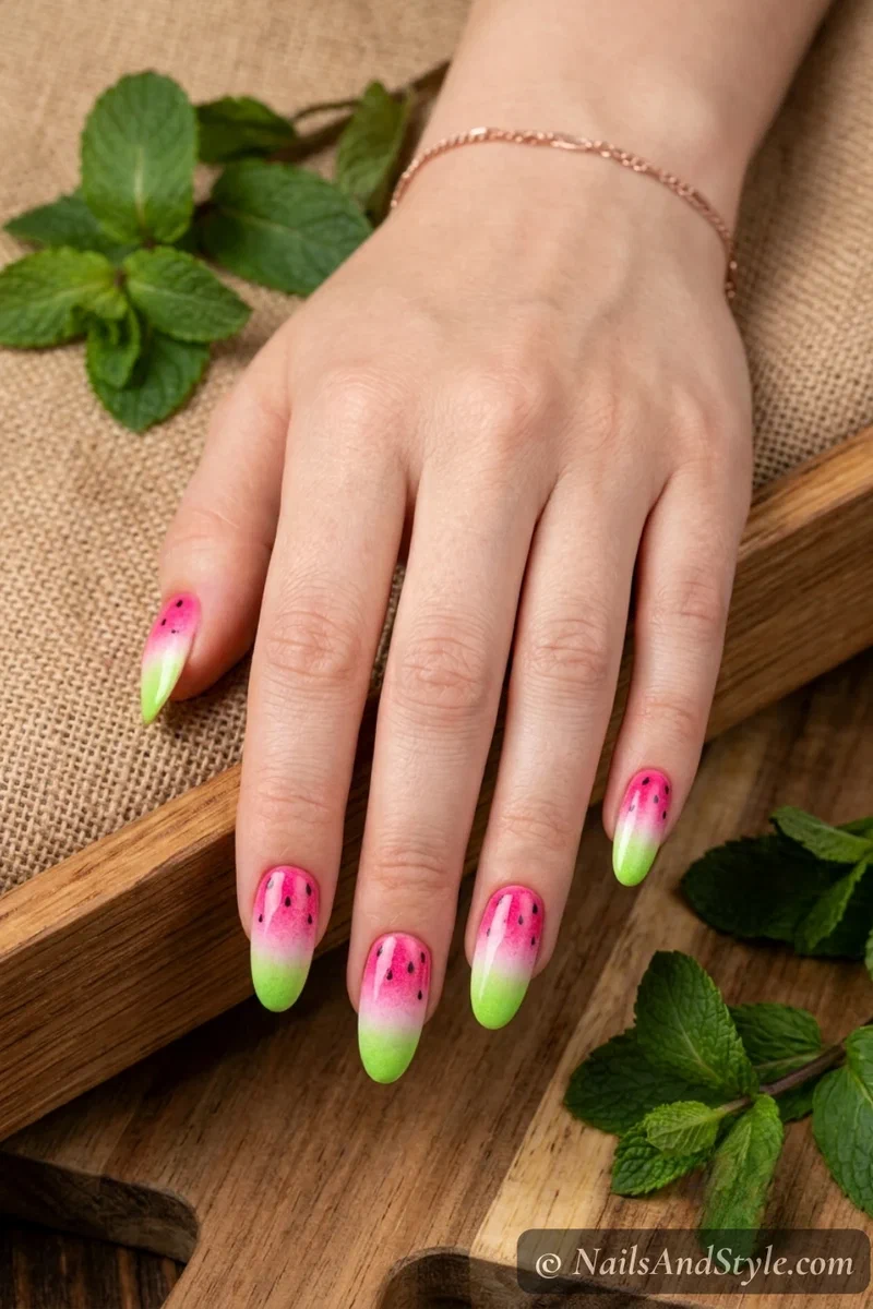 Pink to green ombre watermelon nails with sponged gradient and tiny black seeds on medium oval nails