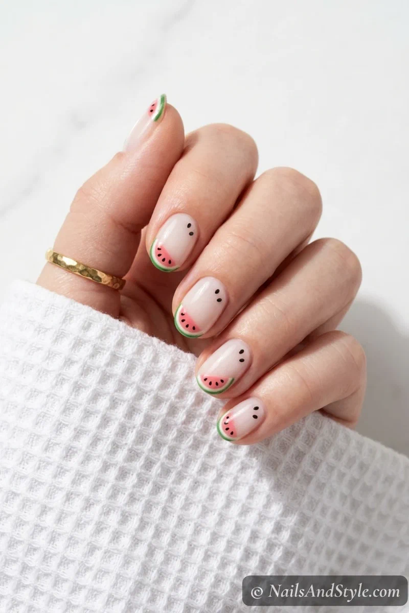 Minimalist tiny watermelon slice on nail tips with sheer nude base on short oval nails
