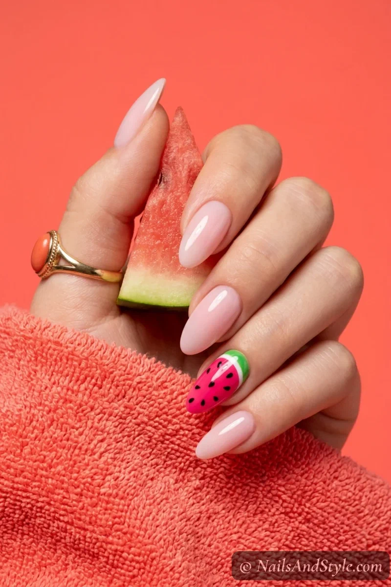 Watermelon accent nail with sheer pink base nails and one full watermelon slice on the ring finger