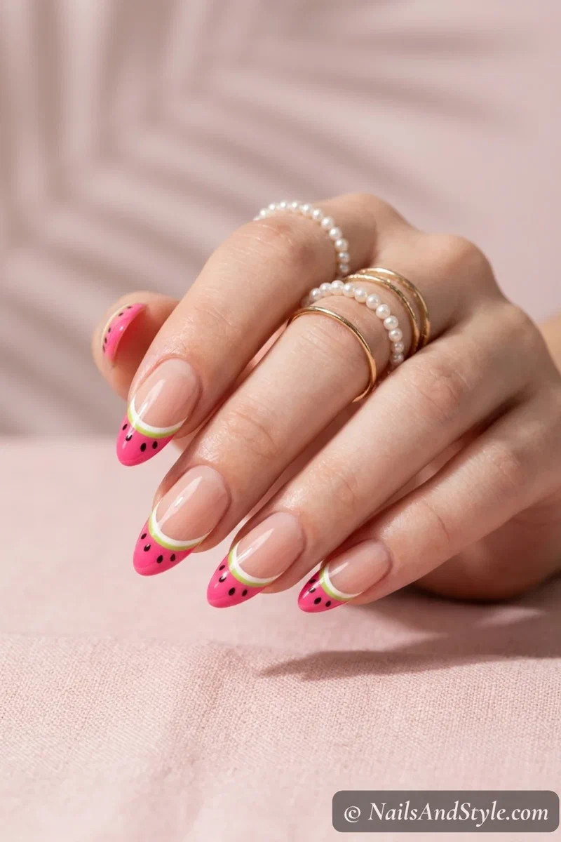 Watermelon French tip nails with sheer nude base and pink green and white tips on medium nails