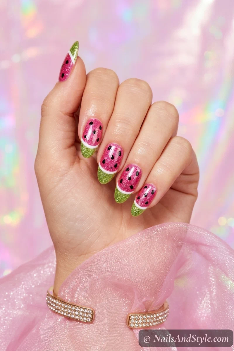 Watermelon glitter nails with pink base green glitter tip and chunky black seed glitter on medium nails