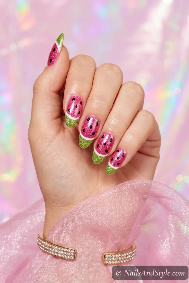 Watermelon glitter nails with pink base green glitter tip and chunky black seed glitter on medium nails
