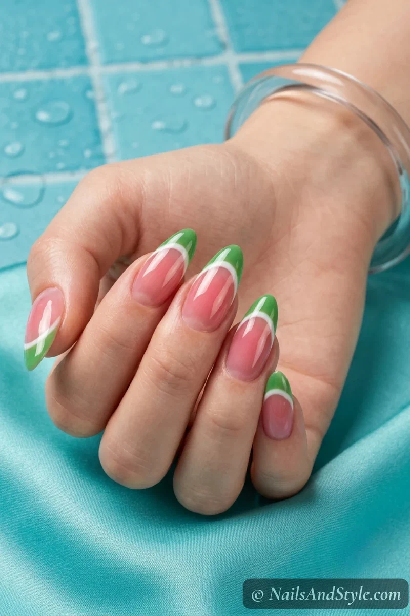 Watermelon jelly nails with translucent pink base and opaque green tip on medium nails with glossy finish