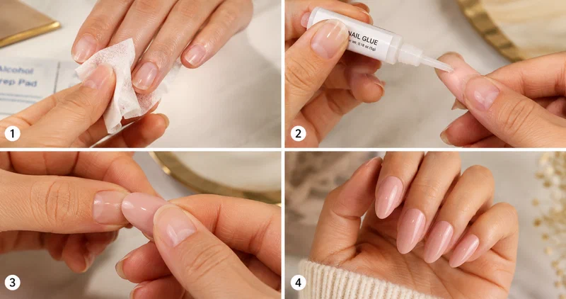 Collage showing press-on nail application steps and the finished long-lasting result