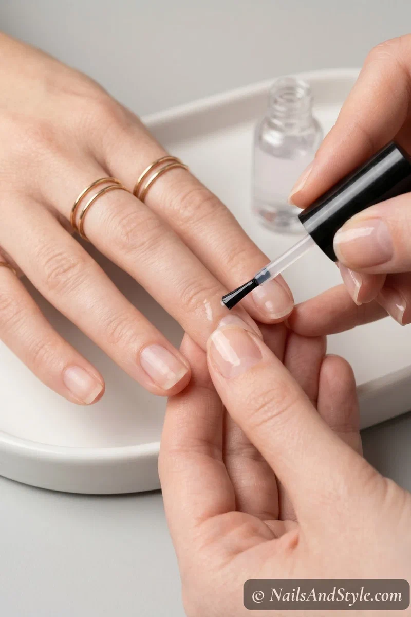 Nail glue being applied evenly to both the natural nail and the press-on nail