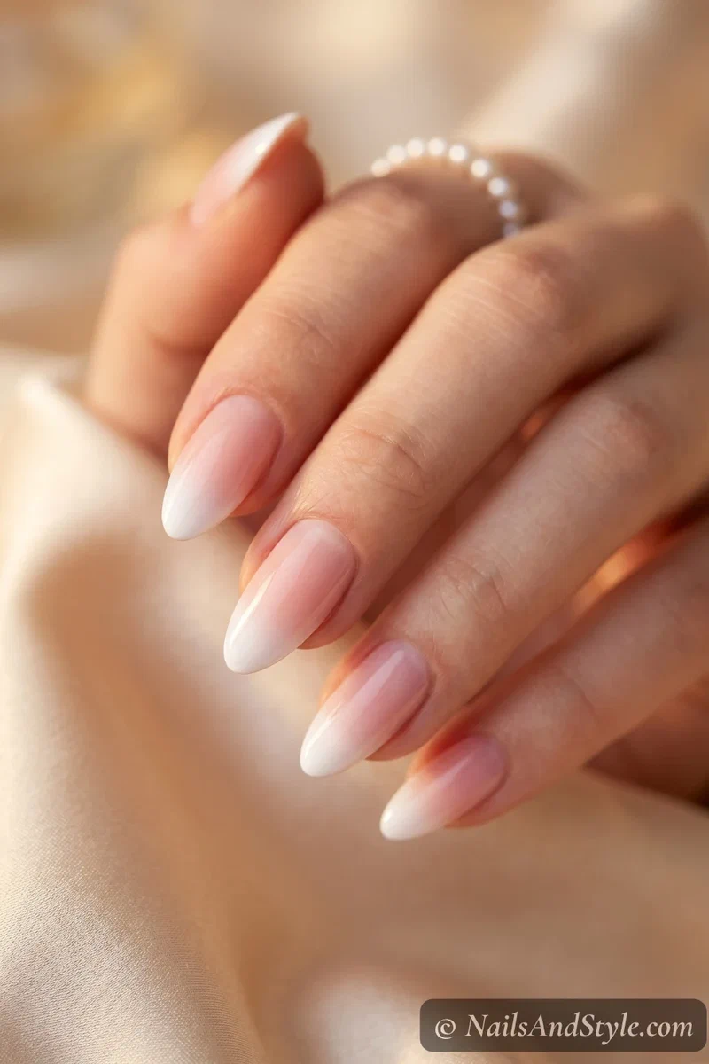 Close-up of press-on nails with perfectly sealed edges at the cuticle line