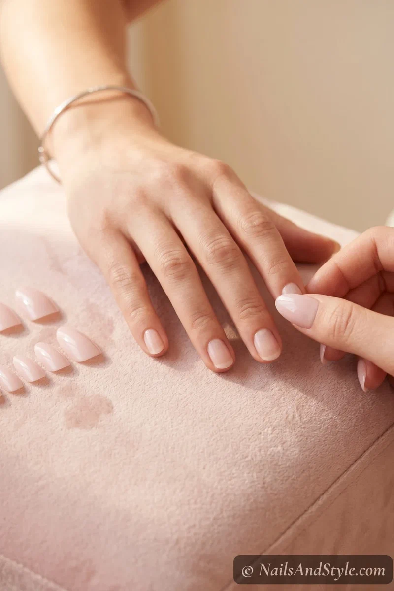 Press-on nails being sized against natural nails before application